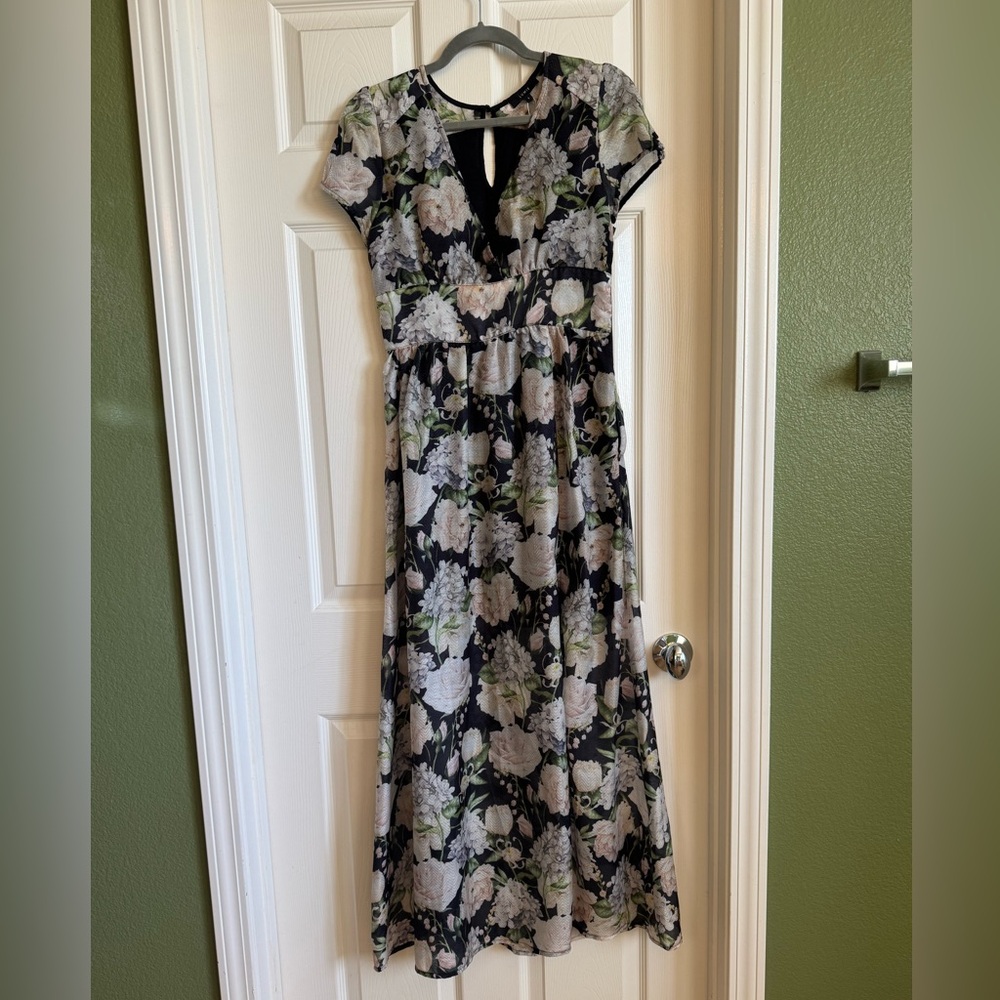 New Floral Black and Cream Maxi Dress with Slit